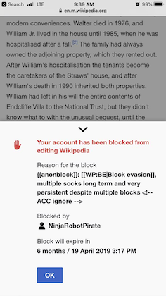 Screenshot of “your account has been blocked from editing Wikipedia” notice